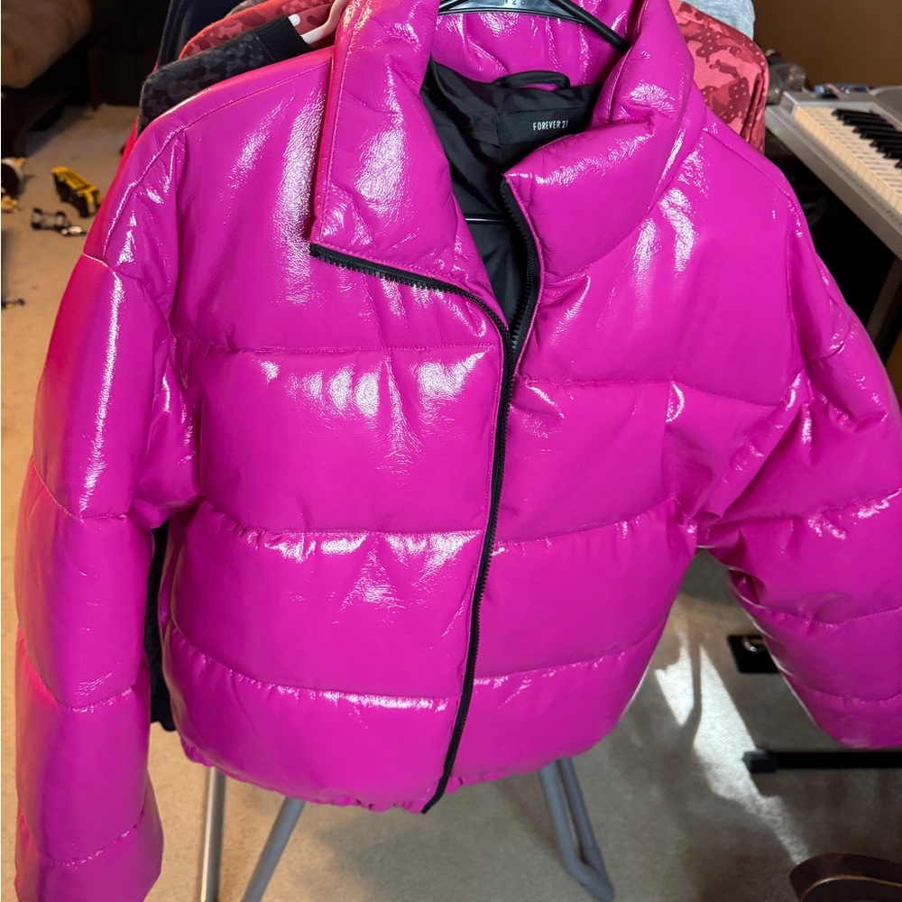 Forever 21 Glossy Magenta Puffer Jacket